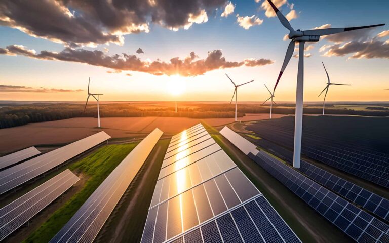 Modern Wind turbines and solar panels sunset light