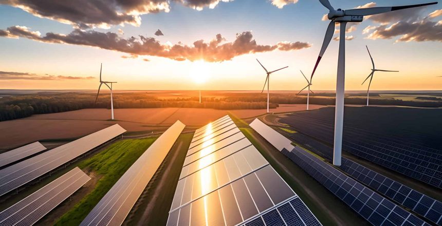 Modern Wind turbines and solar panels sunset light